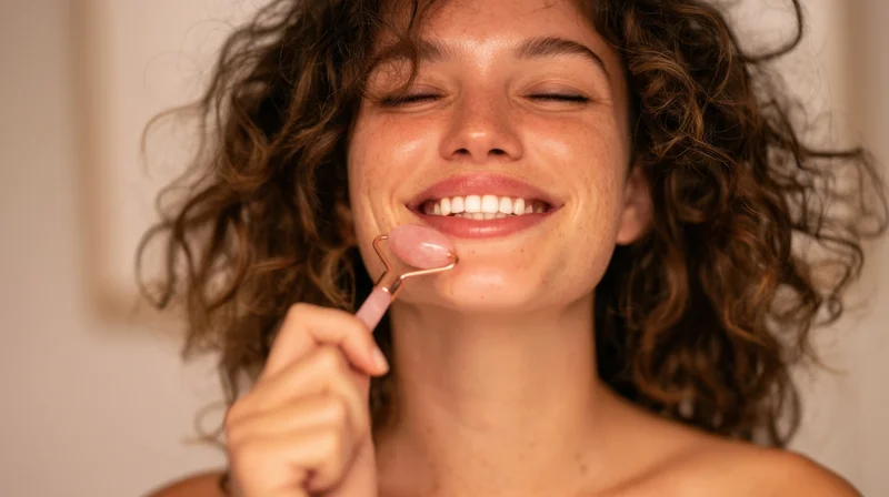 Woman smiling while using rose quartz gua sha tool on her face