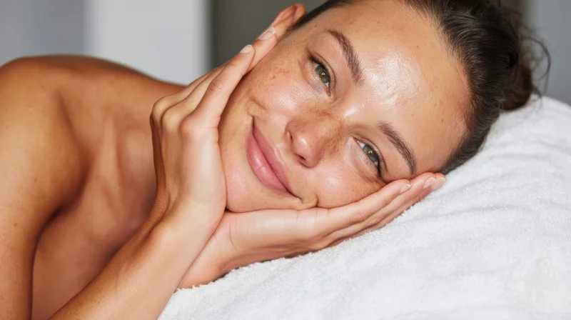 Woman smiling with hands on face resting on white towel