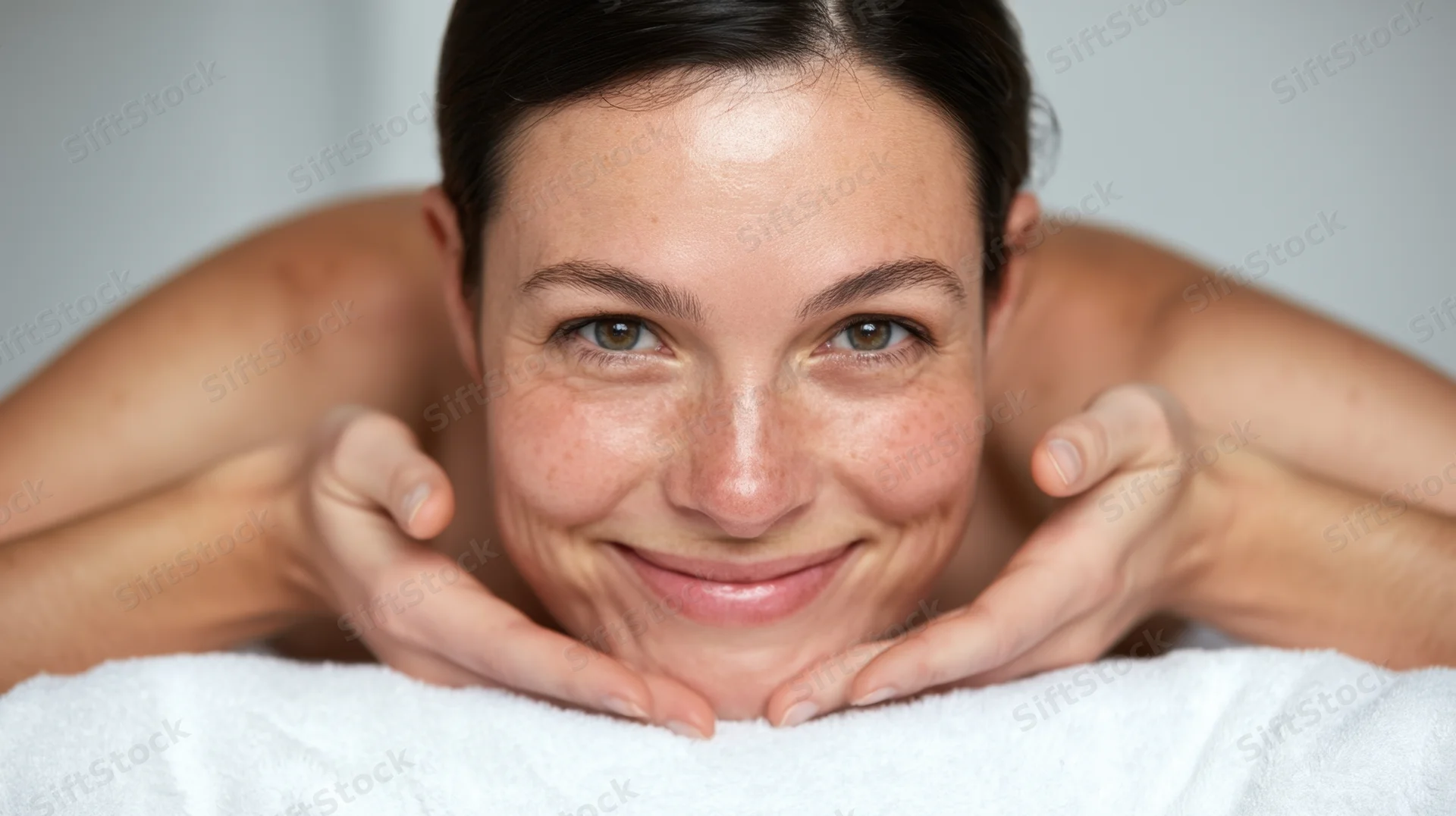 Woman smiling with hands framing her face on a white towel in a spa setting