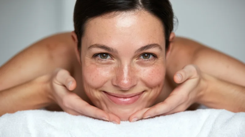 Woman smiling with hands framing her face on a white towel in a spa setting