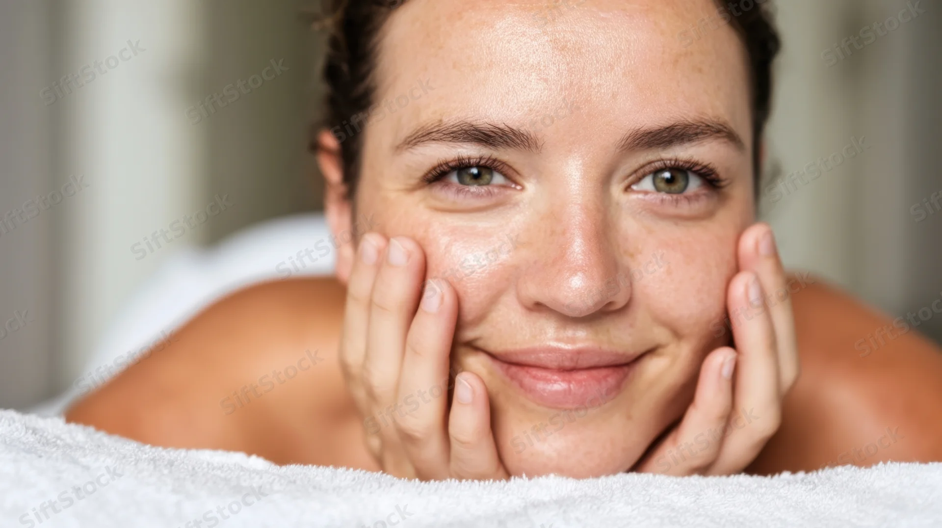 Woman smiling with hands on cheeks lying on towel in spa setting
