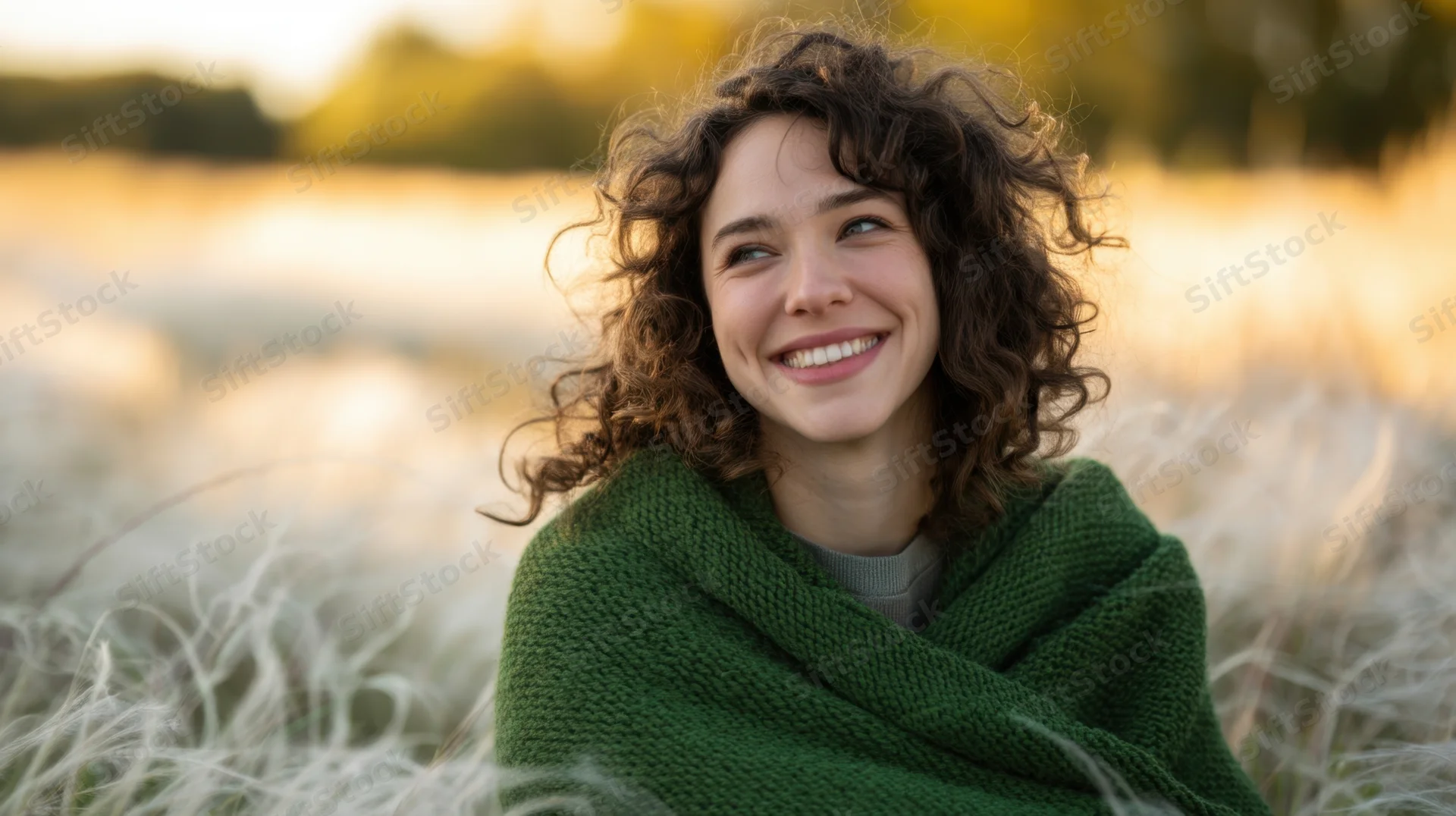Woman smiling with curly hair wrapped in green knitted sweater in a grassy field at sunset