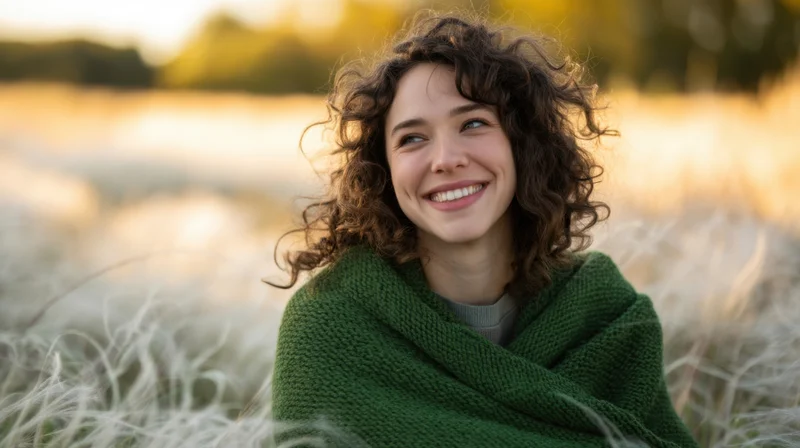 Woman smiling with curly hair wrapped in green knitted sweater in a grassy field at sunset