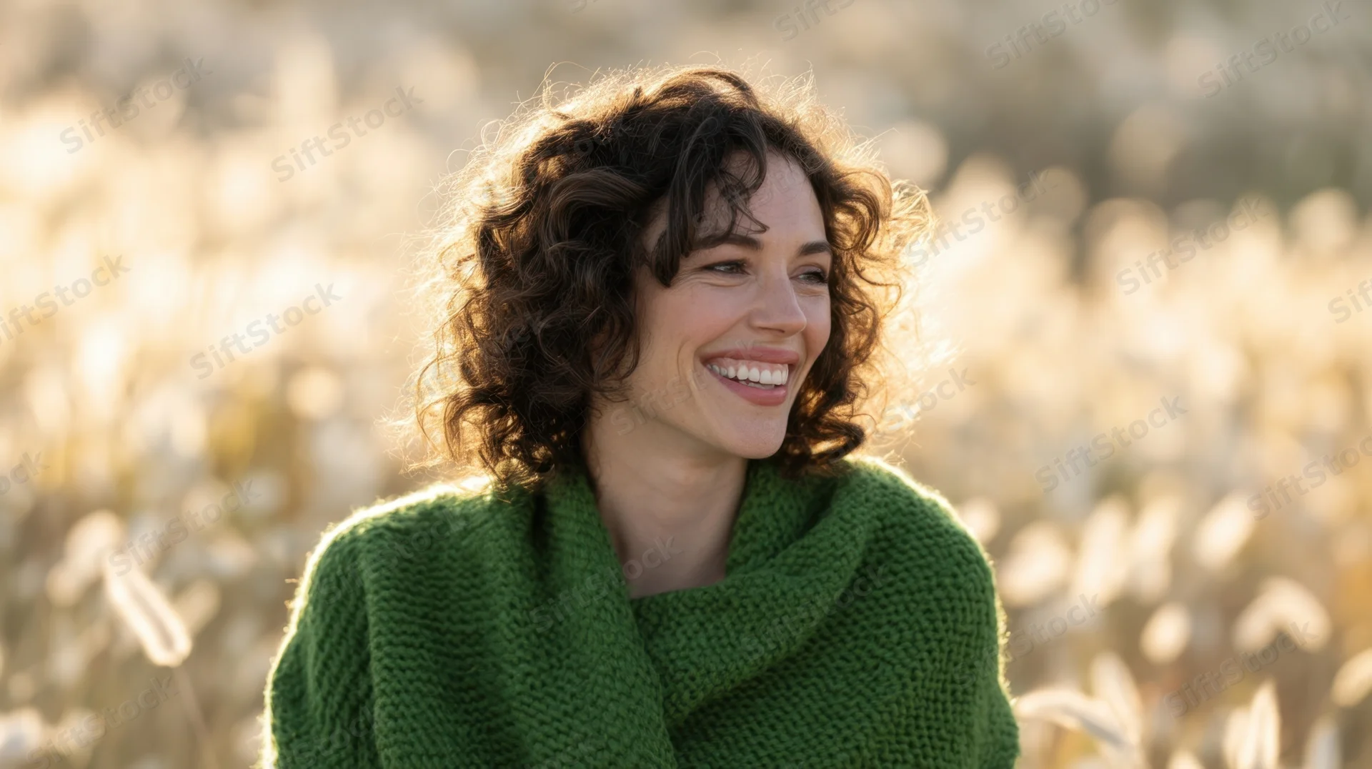 Woman smiling in a green knit sweater outdoors in a sunlit field
