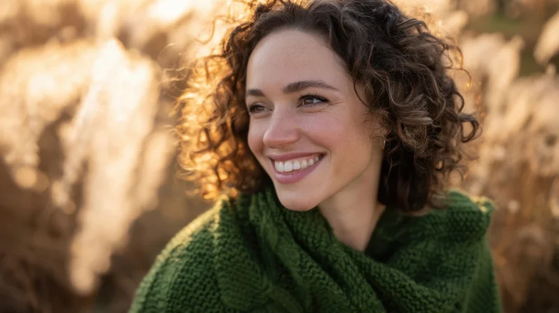 Smiling woman with curly hair wearing green knitted sweater in a sunlit field