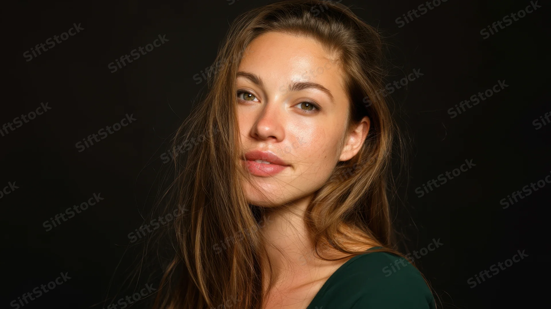 Woman with long brown hair and green top posing in studio lighting against black background
