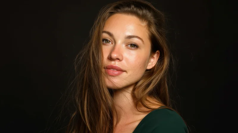 Woman with long brown hair and green top posing in studio lighting against black background
