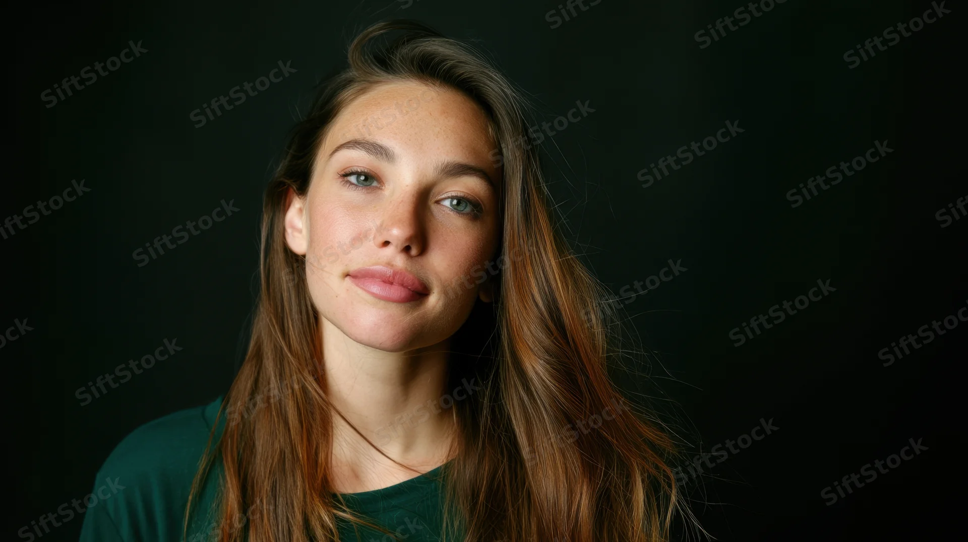Young woman with long brown hair and green eyes looking directly at camera in studio portrait