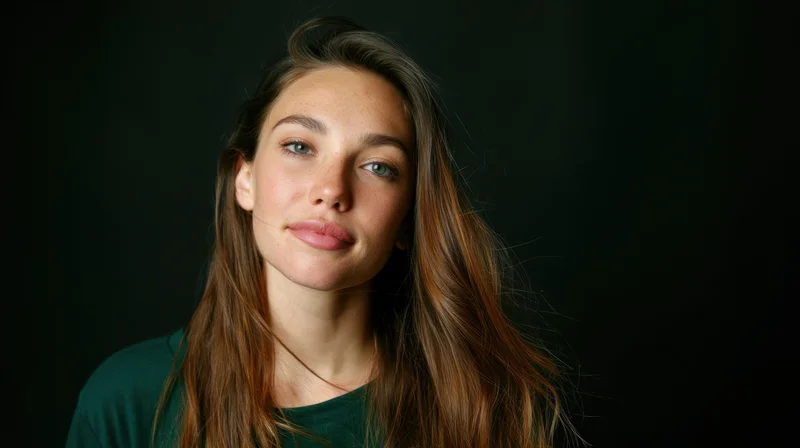 Young woman with long brown hair and green eyes looking directly at camera in studio portrait