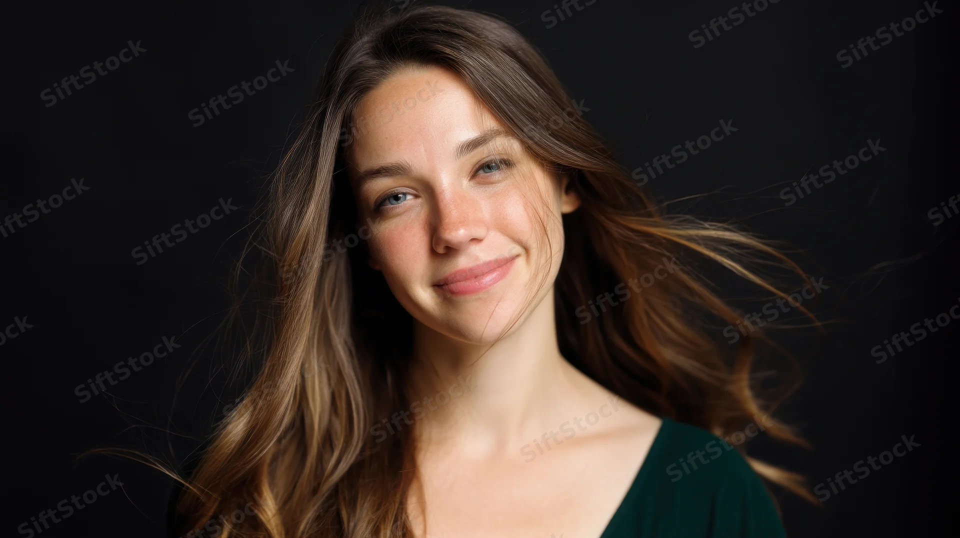 Young woman smiling with long brown hair flowing in soft light against dark background