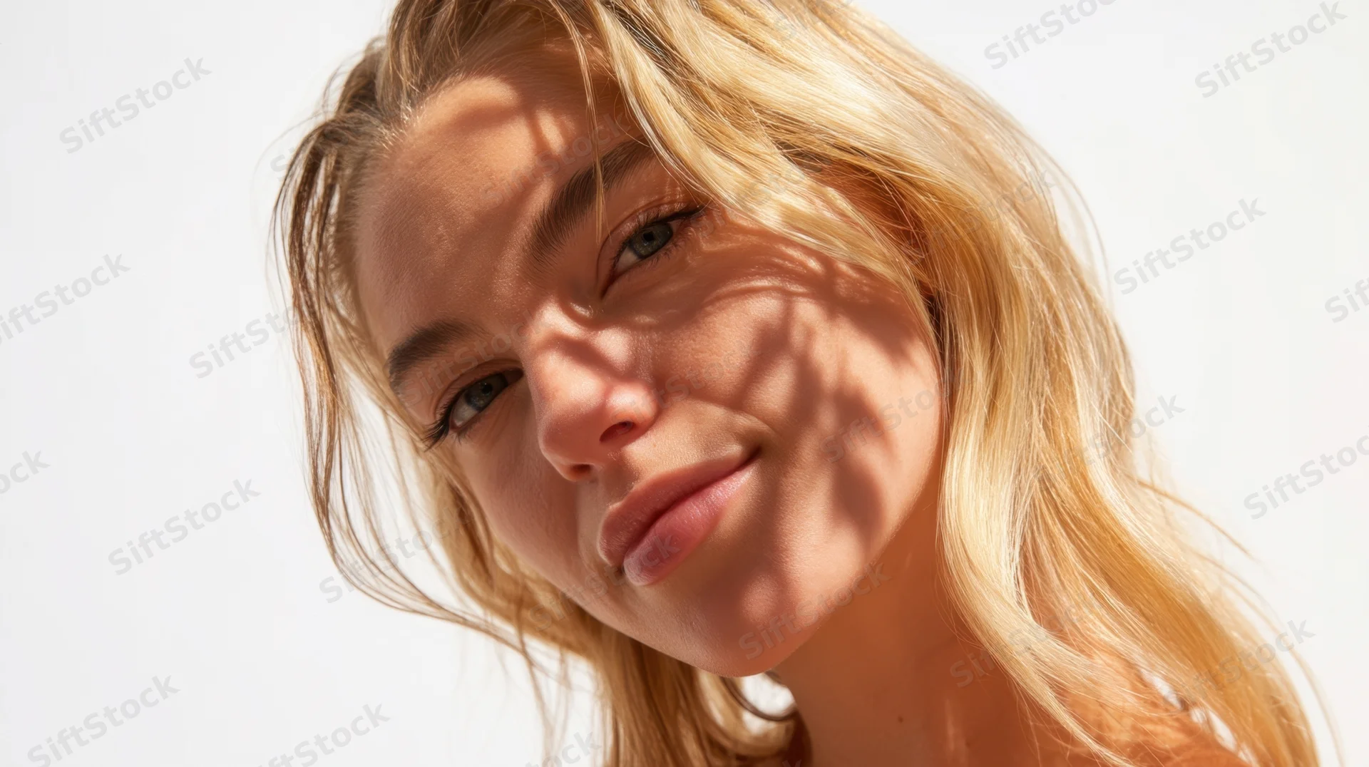Closeup portrait of a smiling blonde woman with sunlight and shadows on her face outdoors