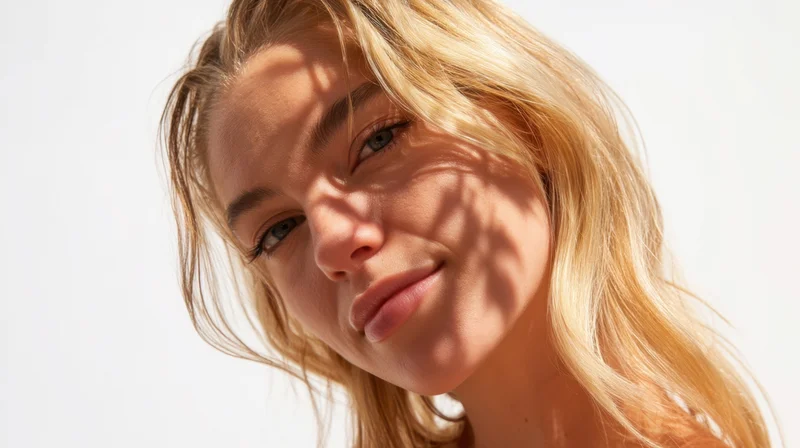 Closeup portrait of a smiling blonde woman with sunlight and shadows on her face outdoors