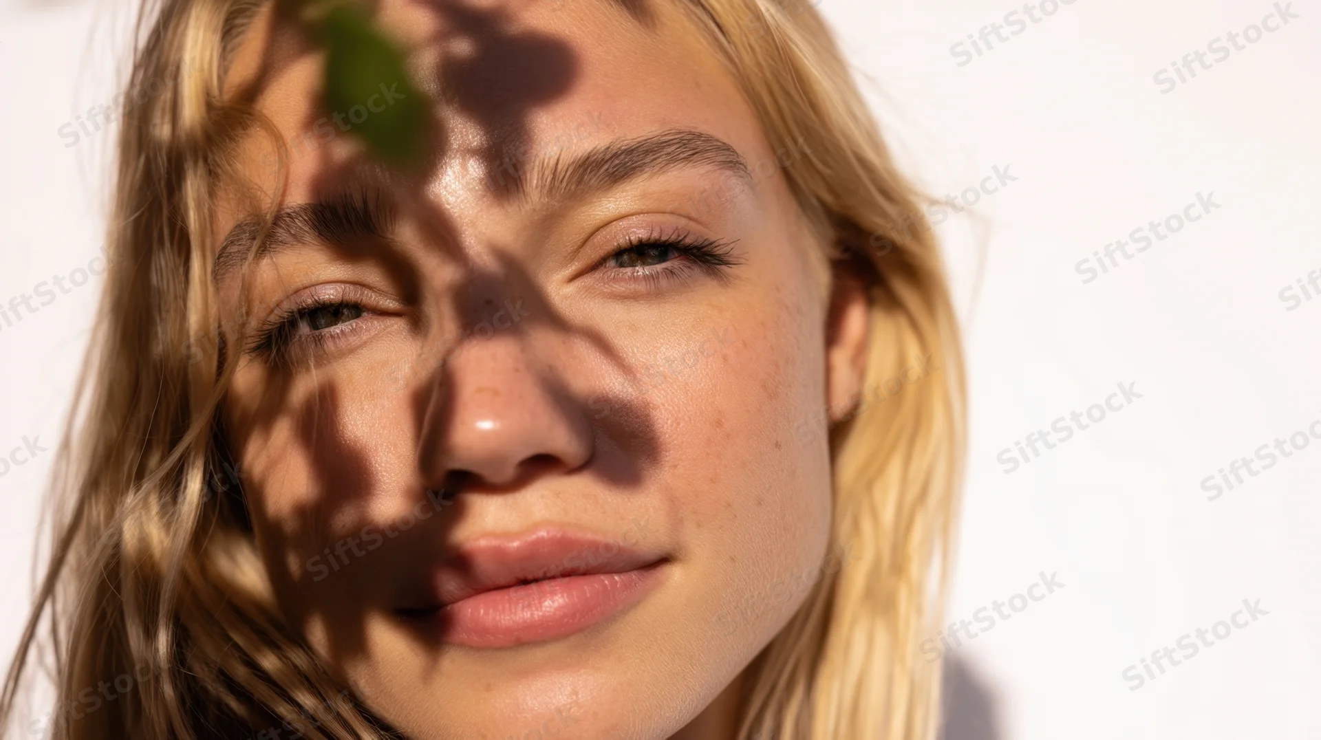 Closeup of a young woman’s face with sunlight and leaf shadows on her skin