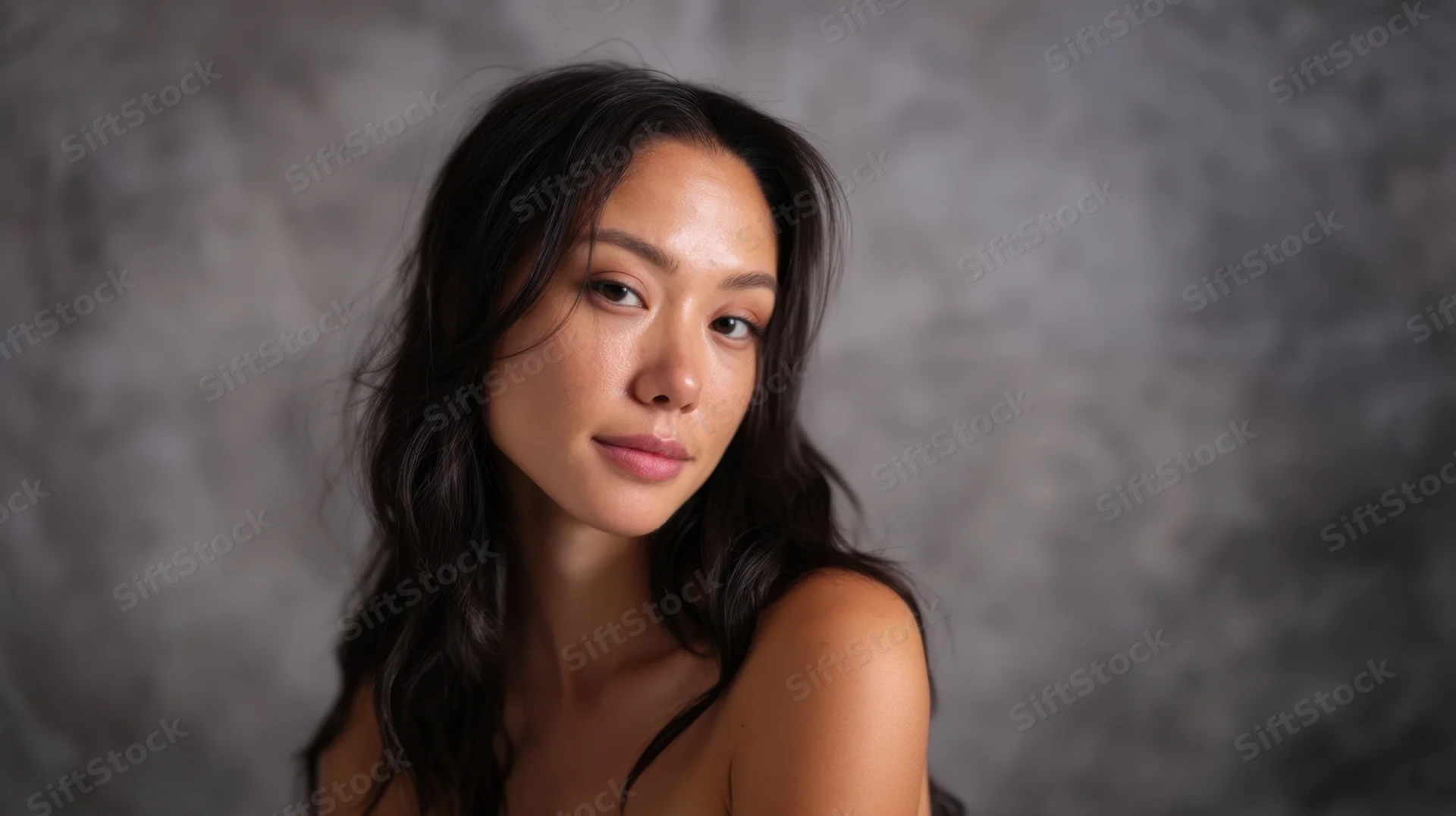 Asian woman with long dark wavy hair posing in studio portrait with soft lighting and gray textured background