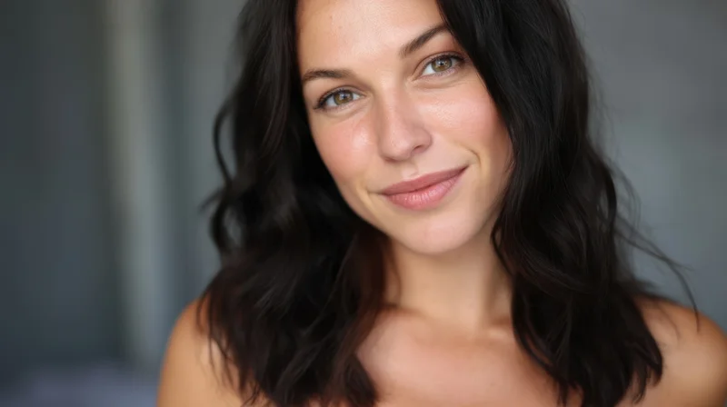 Woman smiling softly in a closeup portrait with dark wavy hair and natural makeup against a blurred gray background