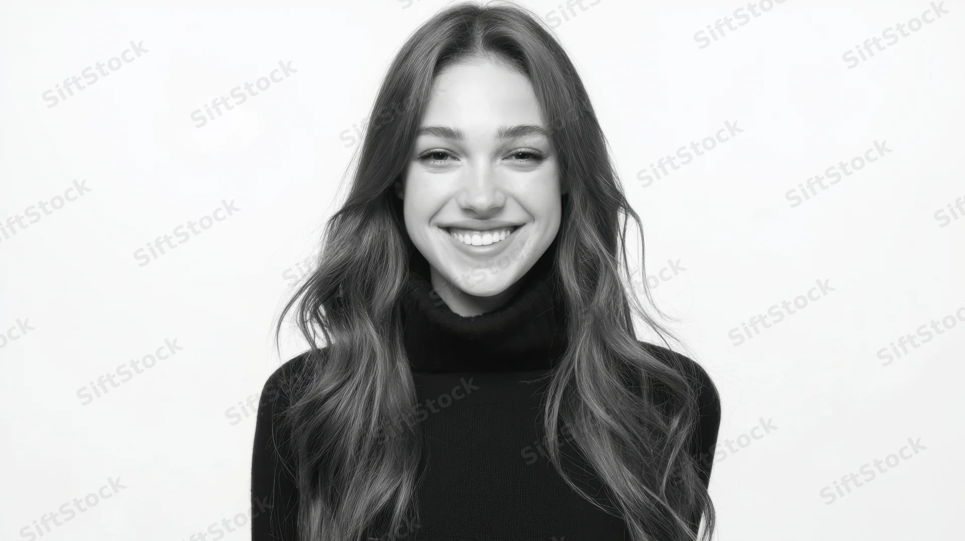 Smiling woman in black turtleneck against white background
