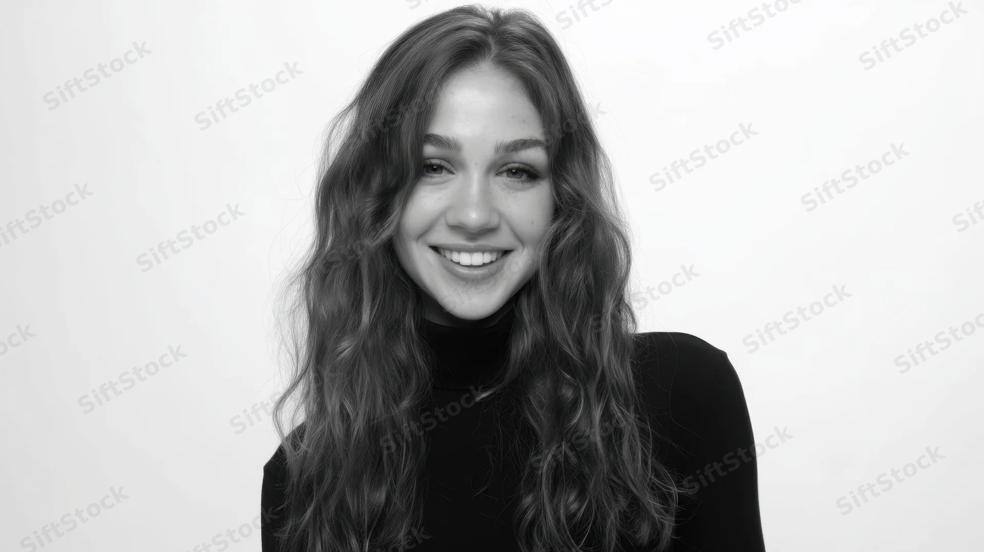Smiling woman with long wavy hair in black turtleneck against white background