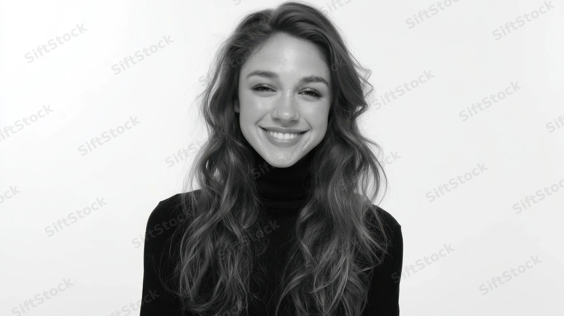 Smiling woman in black turtleneck with wavy hair against white background