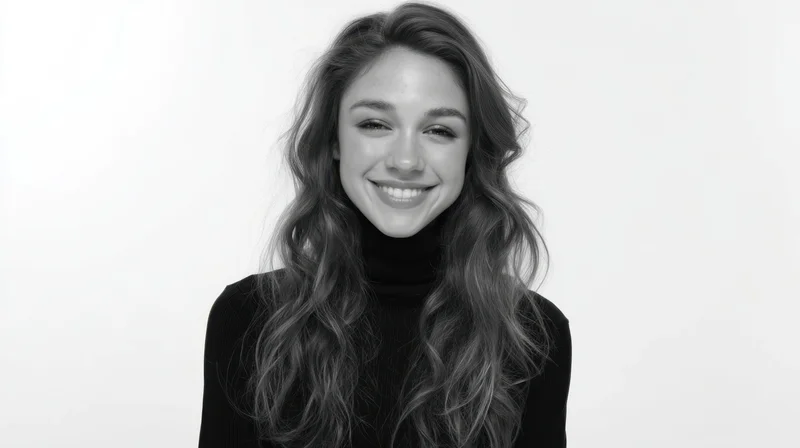 Smiling woman in black turtleneck with wavy hair against white background