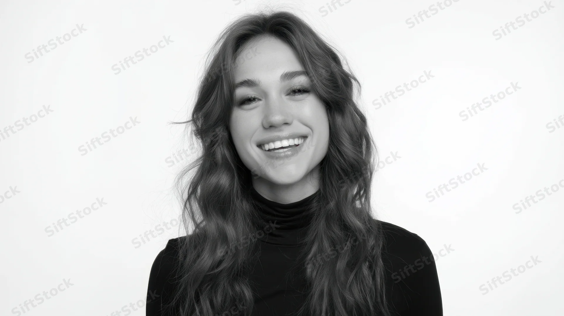 Smiling woman with long wavy hair in black turtleneck against white background