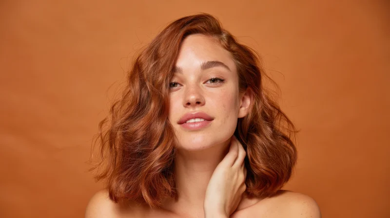 Woman with curly red hair touching her neck in studio portrait