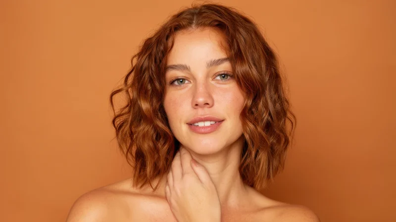 Woman with curly brown hair touching her neck against orange background