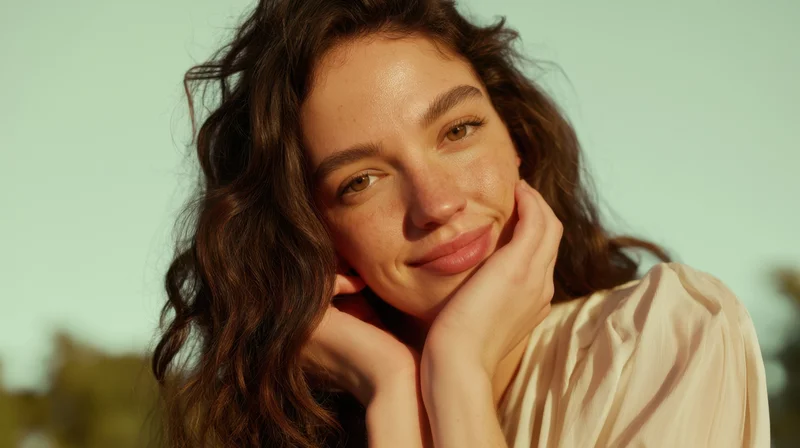 Woman smiling with hands on her face outdoors in warm sunlight