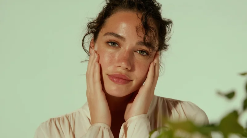 Woman touching her face with hands, soft light on green background