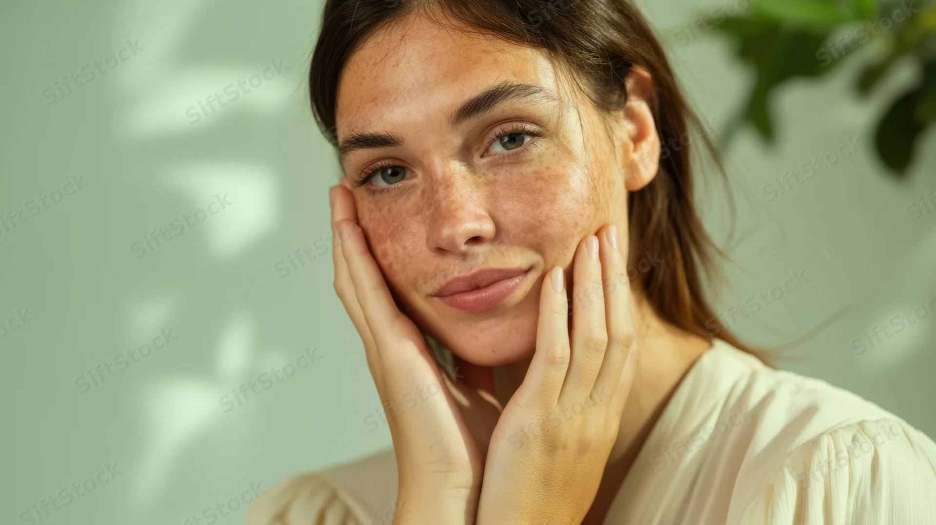 Woman touching her face gently with hands in a soft-lit indoor setting with green plant shadows on wall