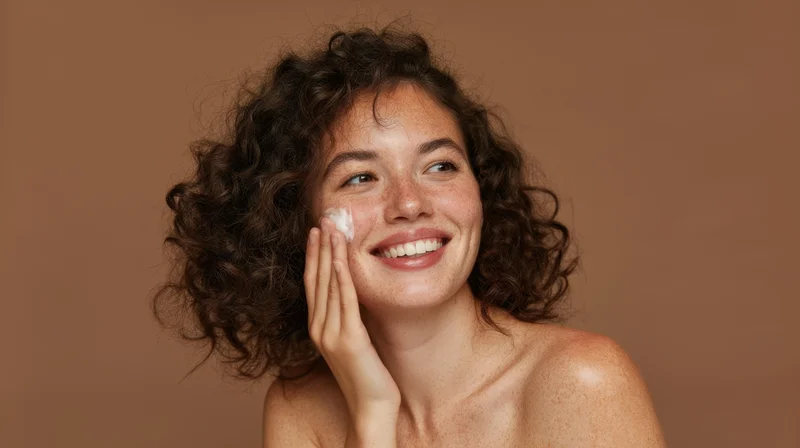 Woman applying cream to her face in studio setting