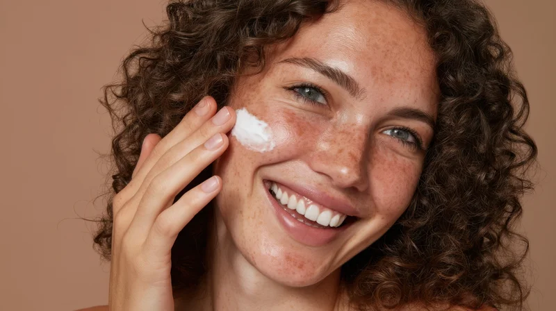 Woman applying cream to her face with a smile