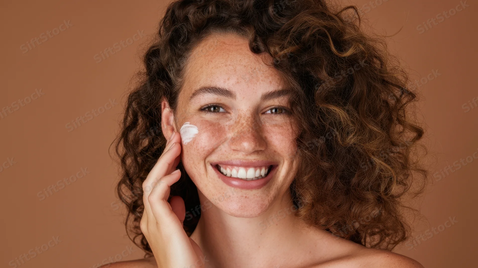 Woman smiling while applying cream to her cheek against a warm brown background
