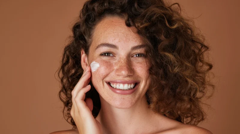 Woman smiling while applying cream to her cheek against a warm brown background