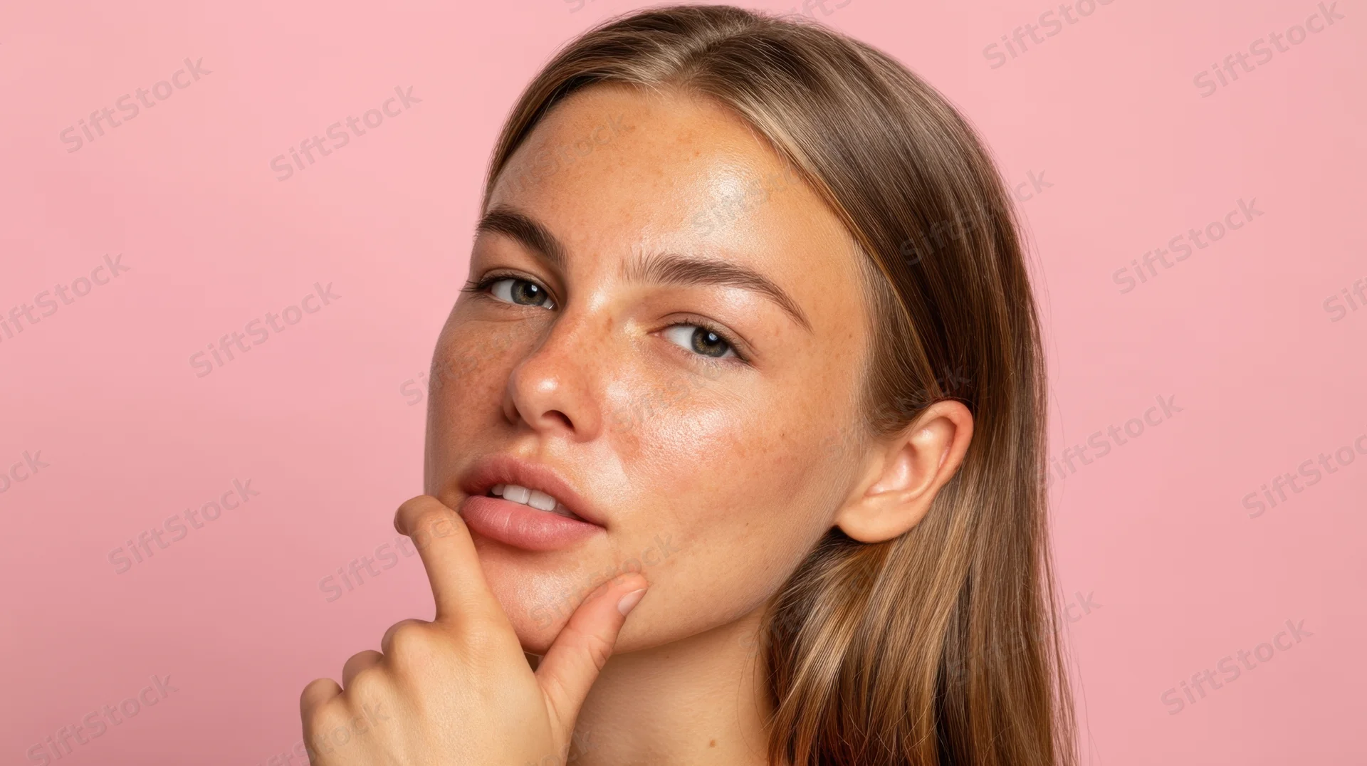 Young woman with freckles touching her chin against pink background