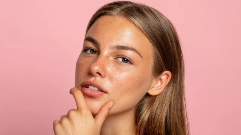 Young woman with freckles touching her chin against pink background