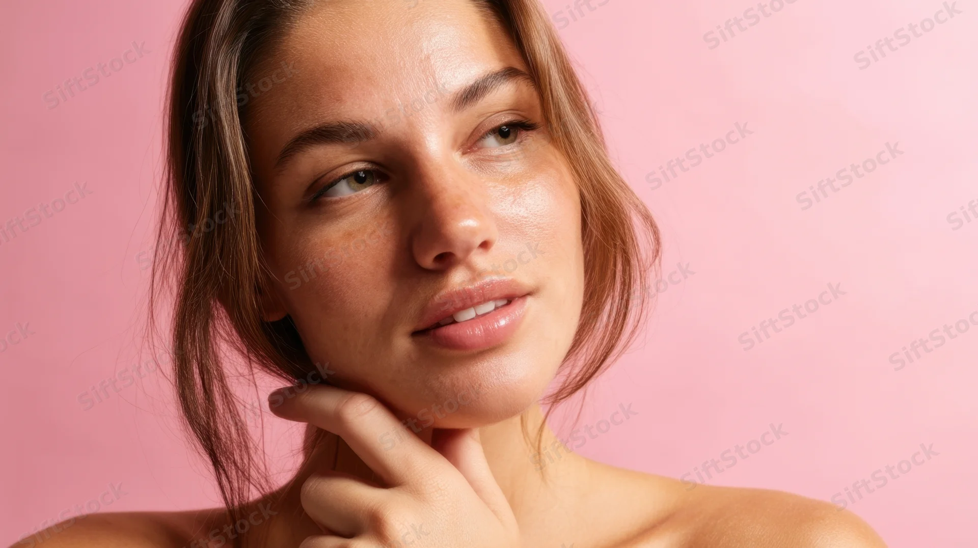 Woman touching her chin with soft natural glow on pink background