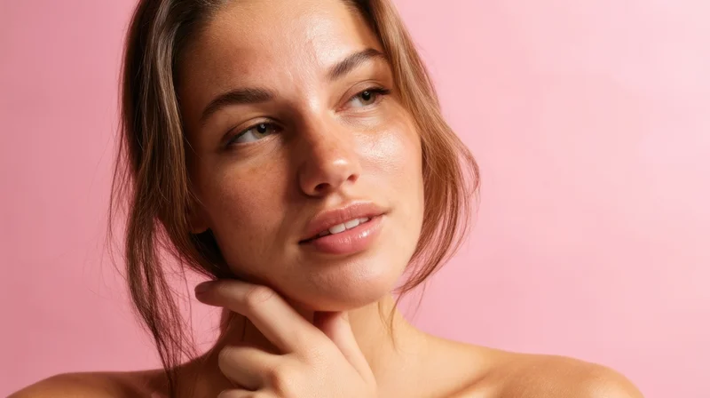 Woman touching her chin with soft natural glow on pink background