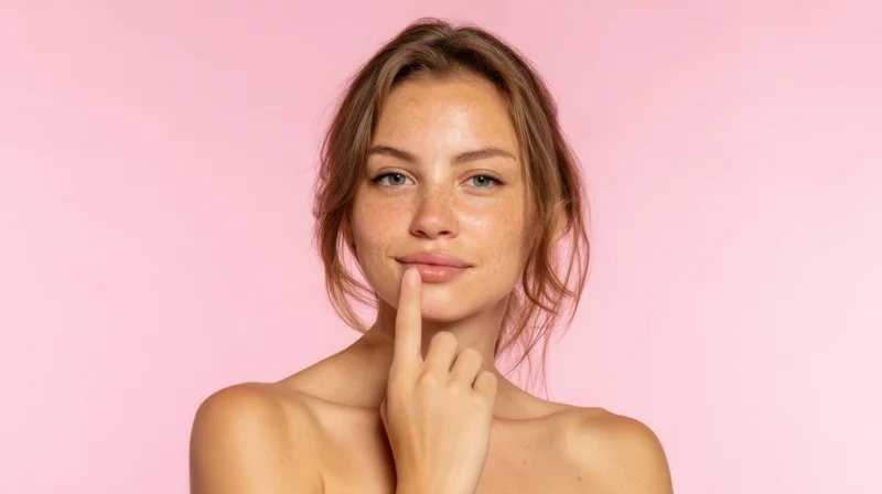 Woman touching her chin with finger against pink background