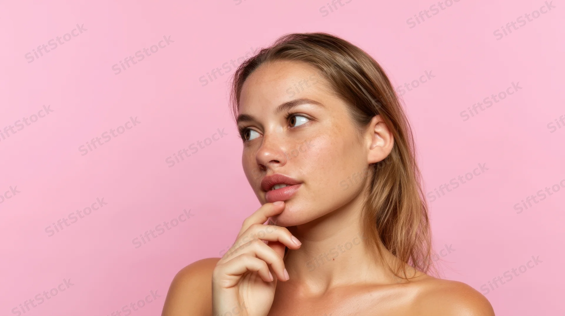 Woman touching her chin thoughtfully against a pink background