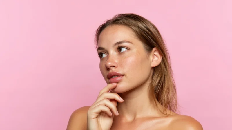 Woman touching her chin thoughtfully against a pink background