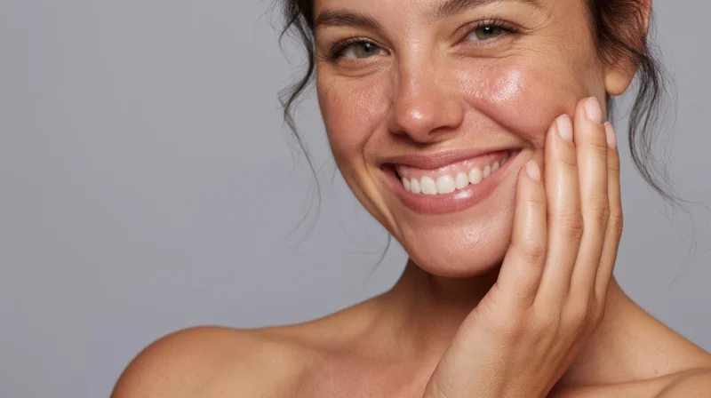 Woman smiling with hand on cheek in studio setting