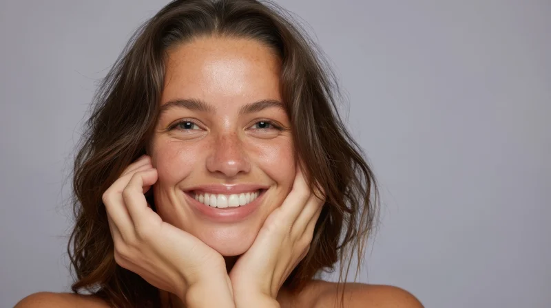 Woman smiling with hands on cheeks in studio portrait