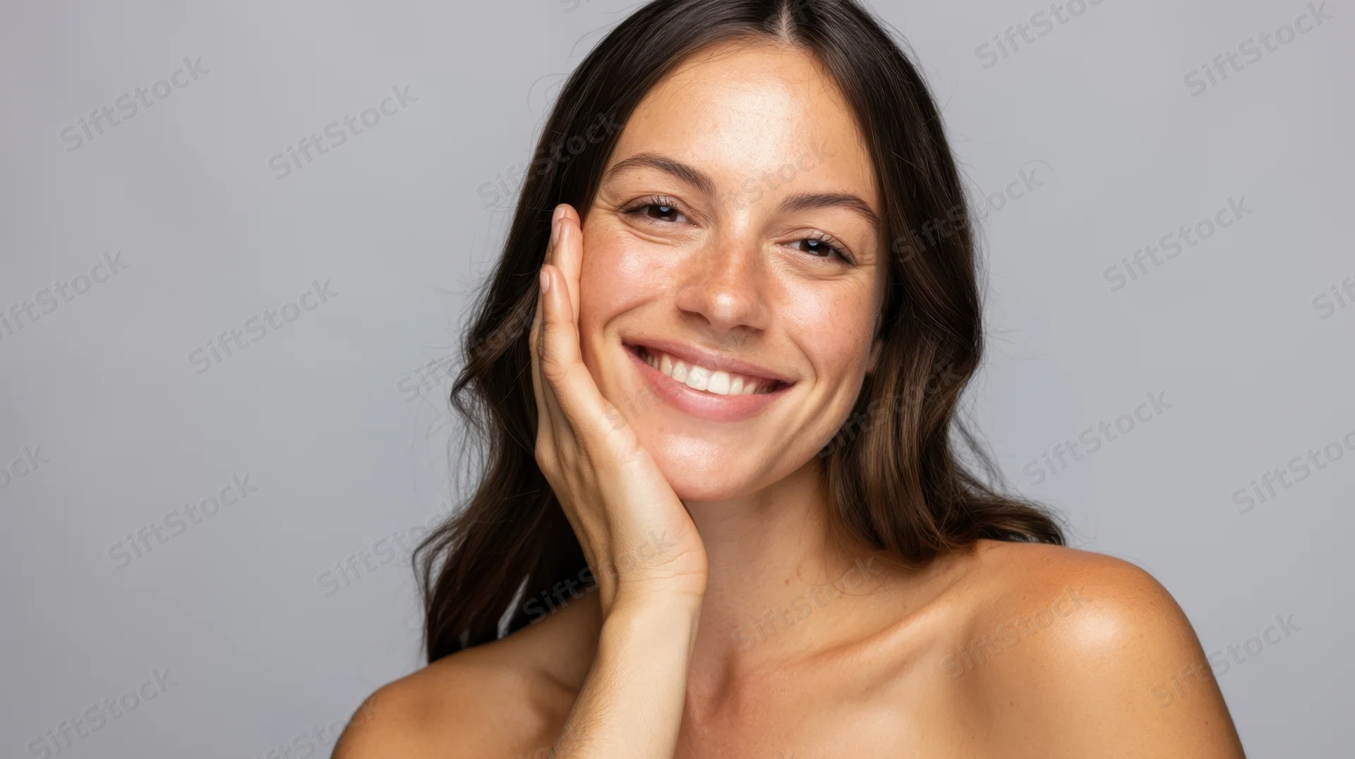 Woman smiling with hand on cheek in studio portrait