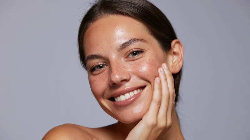 Woman smiling with hand on cheek in studio portrait
