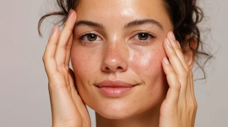 Woman touching her face with hands, close-up portrait showing natural skin glow