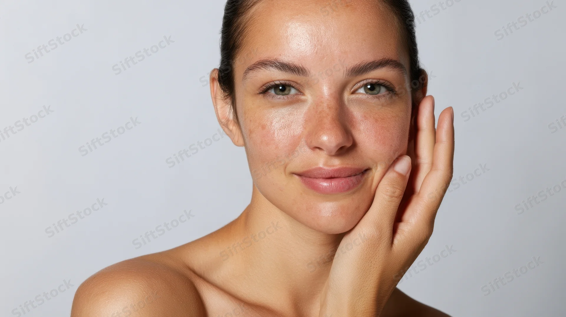 Woman smiling with hand on cheek, close-up portrait against light background
