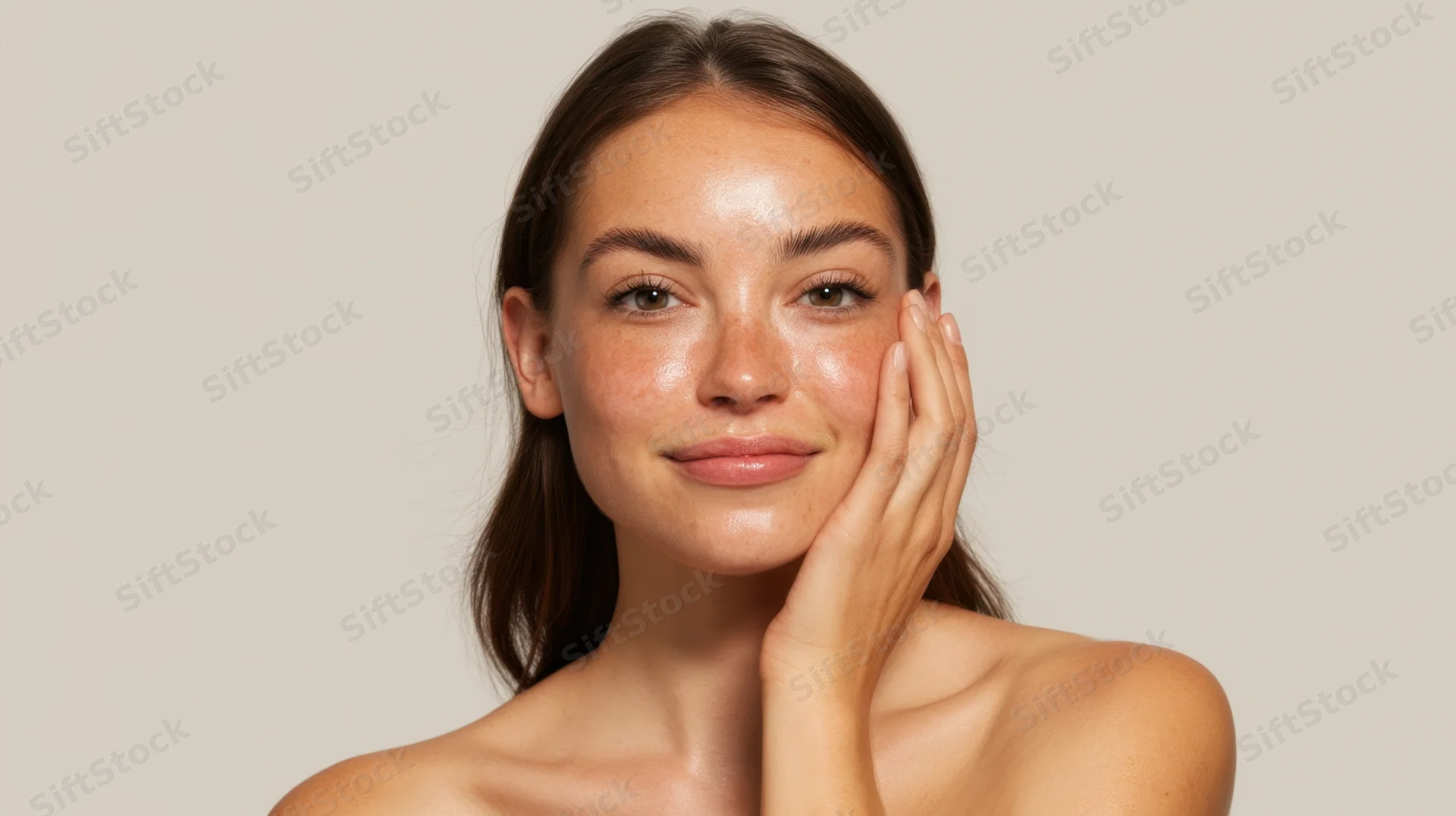 Woman touching her face with hand, showing clear glowing skin in studio setting