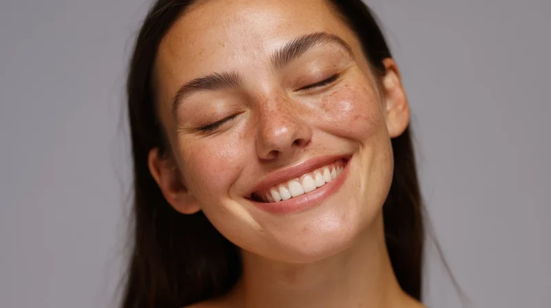 Closeup portrait of a smiling woman with freckles and glowing skin against a gray background