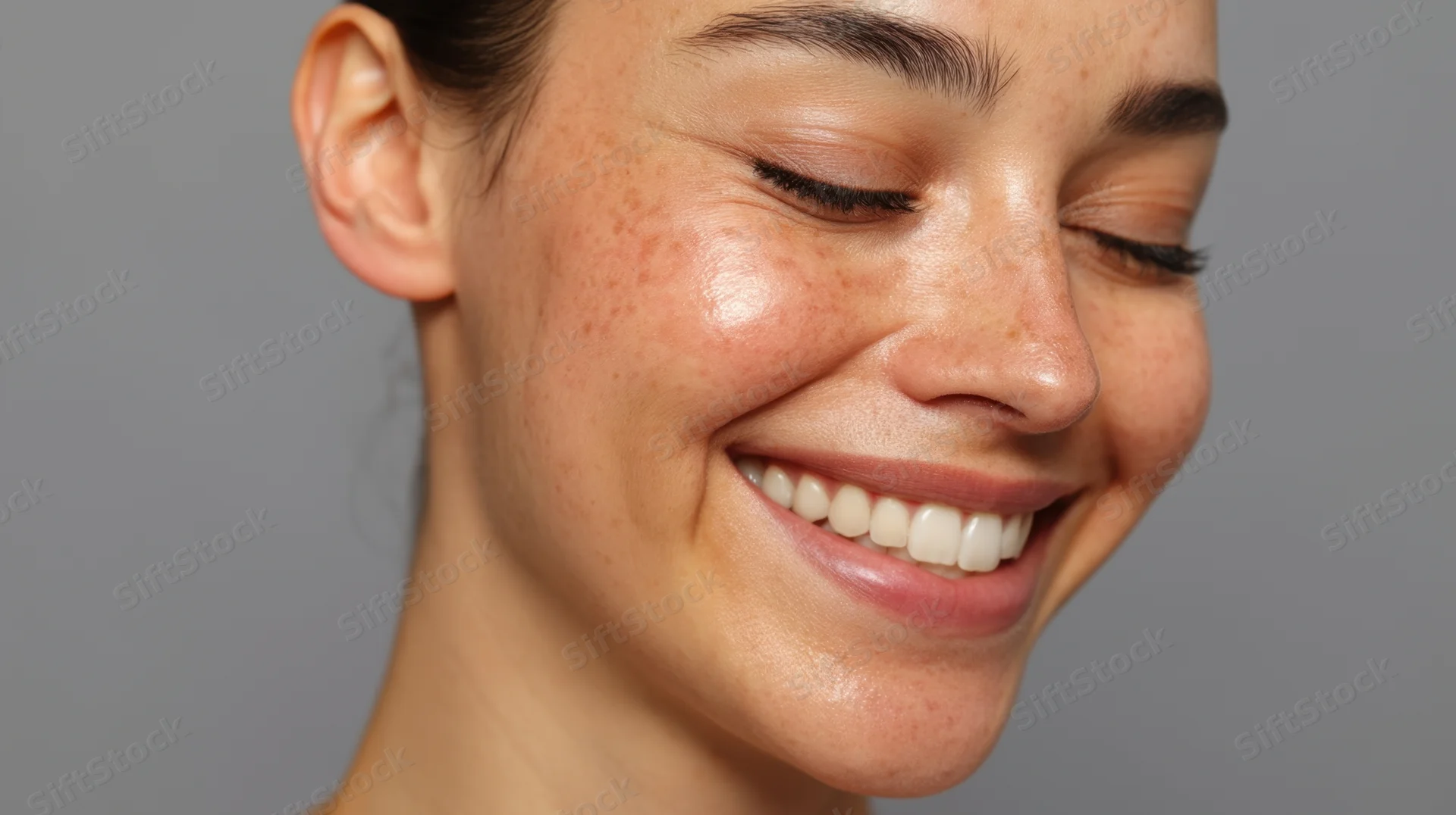 Closeup of a smiling woman with freckles and glowing skin against a gray background