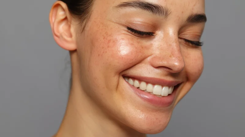 Closeup of a smiling woman with freckles and glowing skin against a gray background